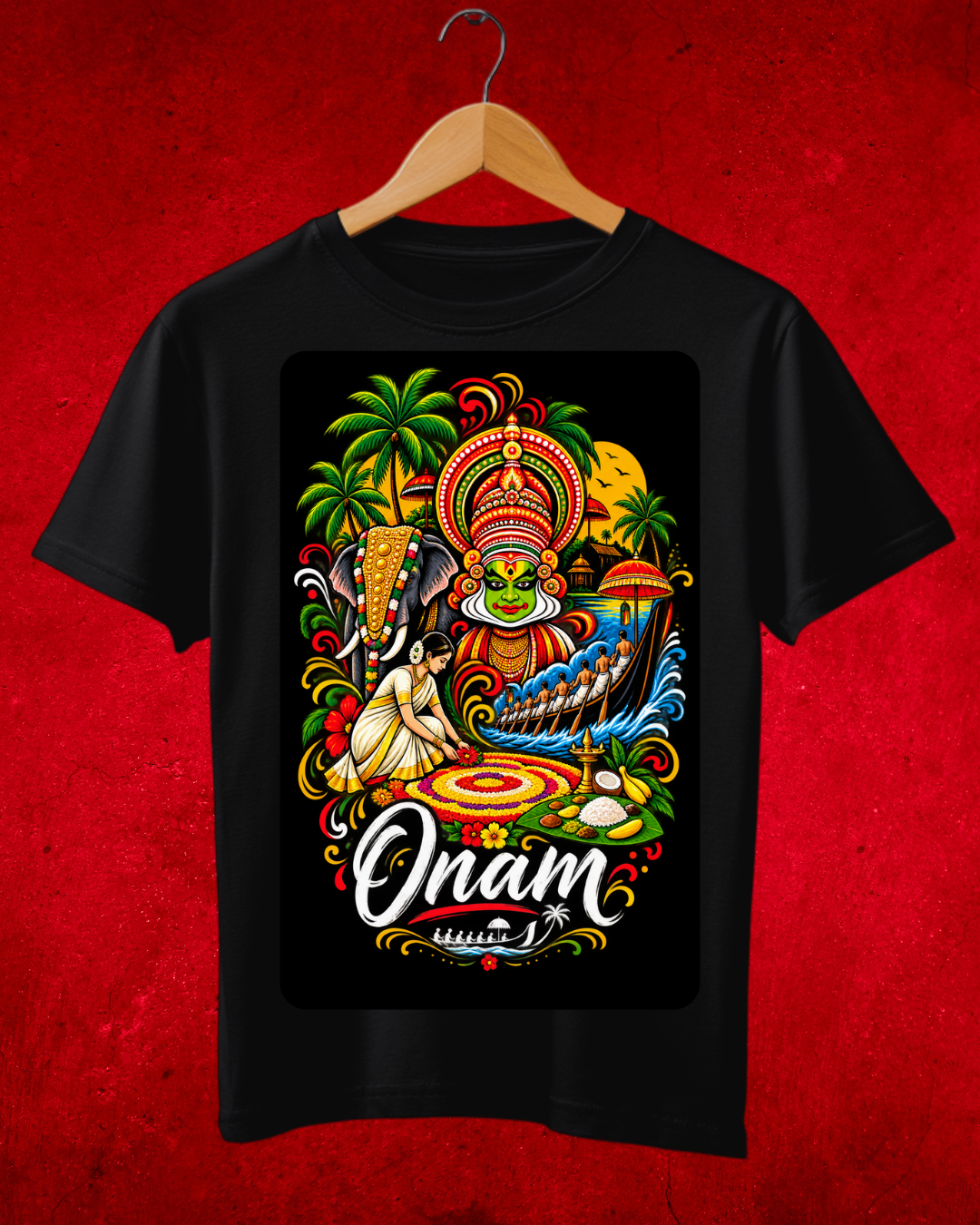 Onam Kerala Heritage Premium T-Shirt – Kathakali, Mahabali & Vallam Kali