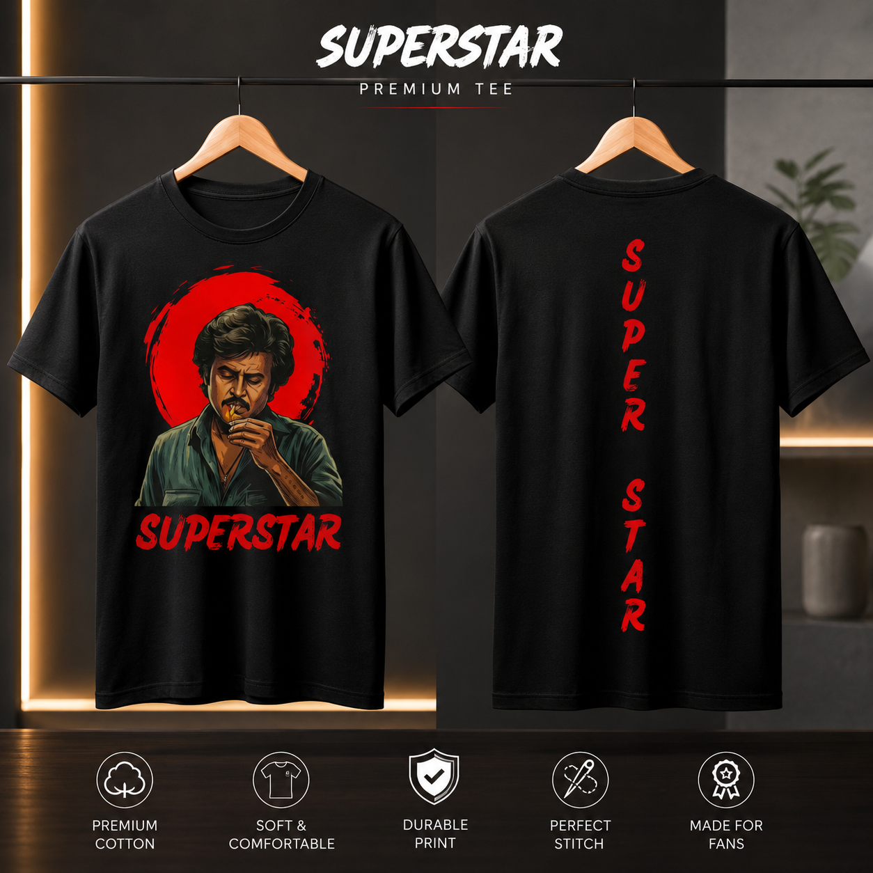 Super Star Rajinikanth Fan Tshirt Round Neck Double Side Print Premium Quality Pure Cotton